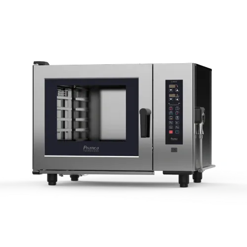 A stainless steel commercial oven with a black door on a white background.