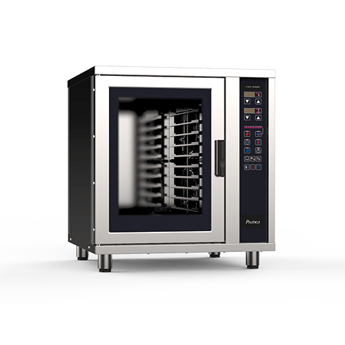 A stainless steel convection oven with a glass door on a white background.
