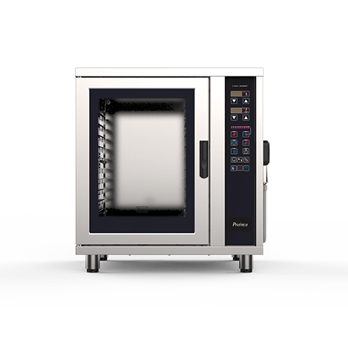 A stainless steel convection oven with a glass door on a white background.