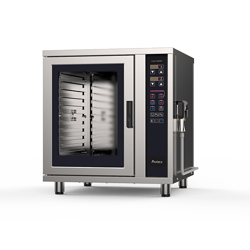A stainless steel convection oven with a glass door on a white background.
