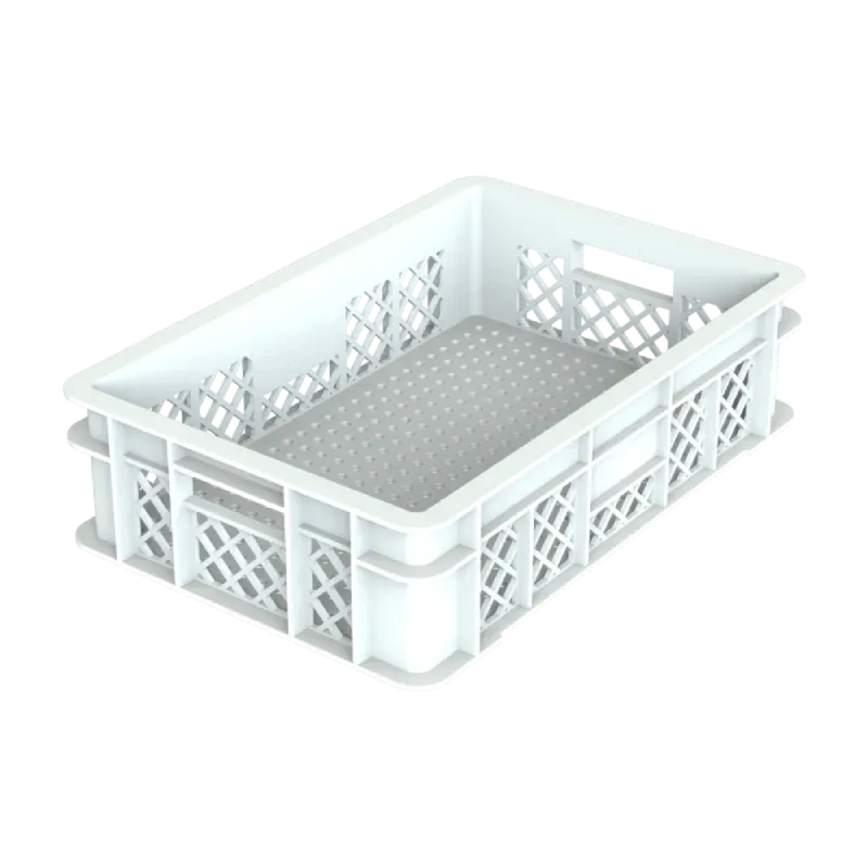 A white plastic crate with holes in it on a white background.