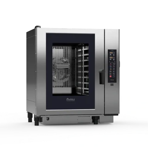 A stainless steel convection oven with a black door on a white background.