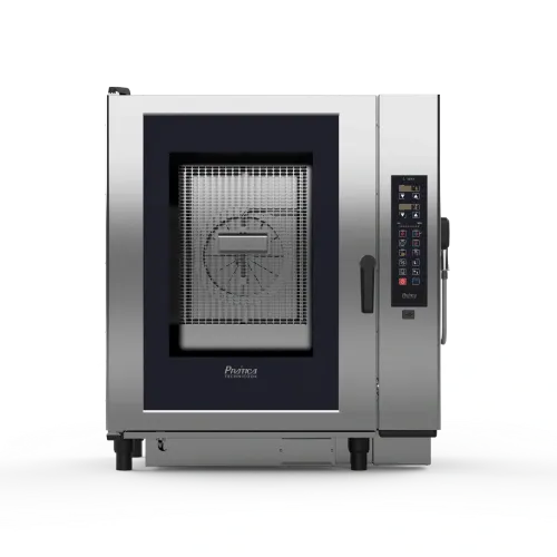 A stainless steel convection oven with a digital display on a white background.