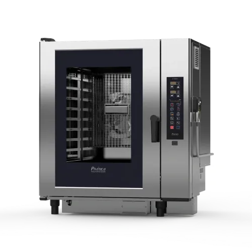 A stainless steel convection oven with a black door on a white background.