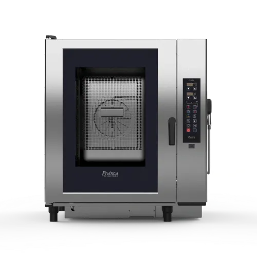 A stainless steel oven with a black door on a white background.