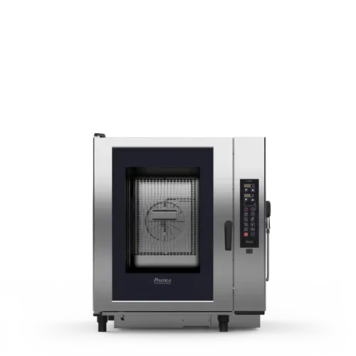 A stainless steel oven is sitting on a white surface.