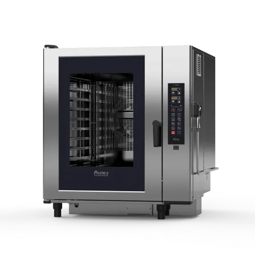 A stainless steel convection oven with a black door on a white background.