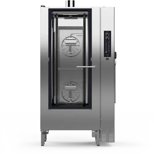 A stainless steel oven with a glass door on a white background.