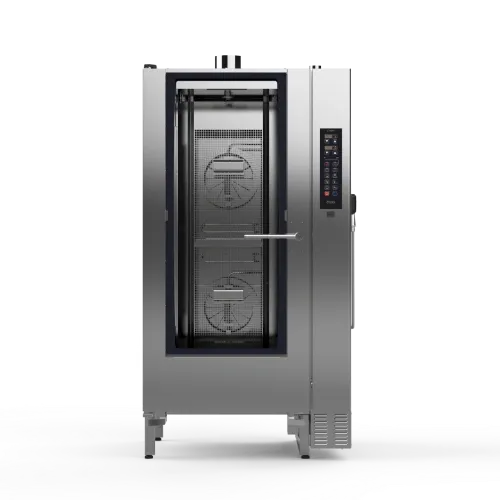 A stainless steel oven with a door open on a white background.