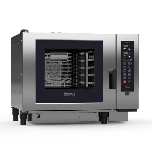 A stainless steel convection oven with a black door on a white background.