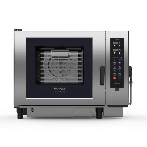 A stainless steel convection oven with a black door on a white background.