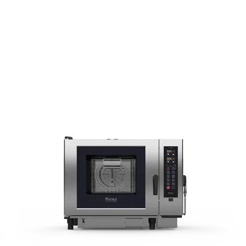 A stainless steel commercial convection oven with a glass door on a white background.