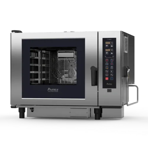A stainless steel convection oven with a black door on a white background.