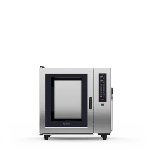 A stainless steel oven with a glass door on a white background.