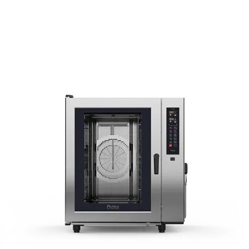 A stainless steel oven is sitting on a white surface.