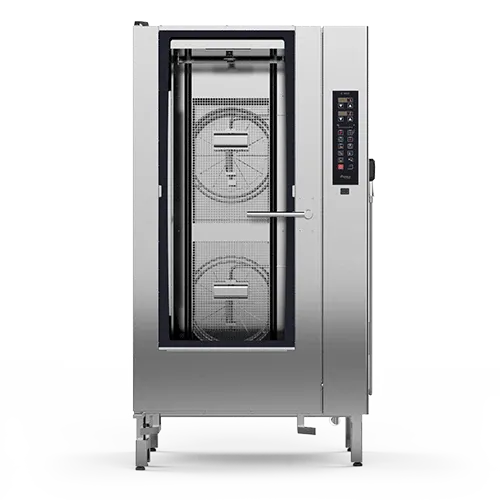 A stainless steel oven with a glass door on a white background.