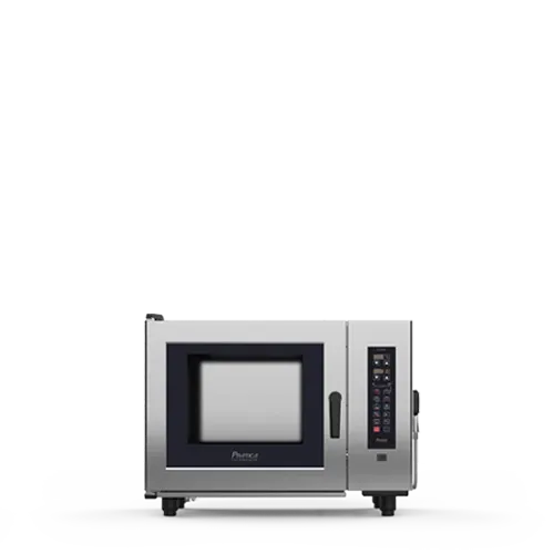 A stainless steel microwave oven is sitting on a white surface.