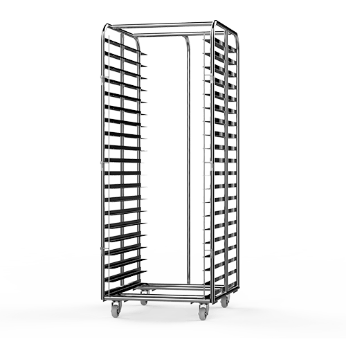 A stainless steel rack with wheels on a white background.