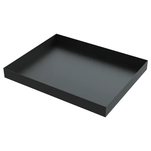 A black rectangular tray on a white background