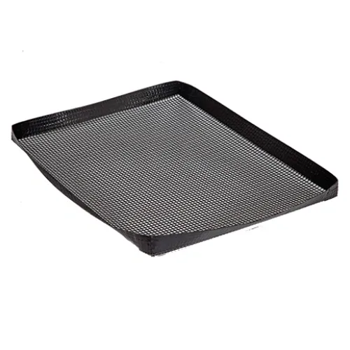 A black tray with a mesh bottom on a white background.