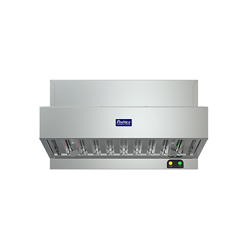 A stainless steel exhaust hood with a blue logo on it on a white background.