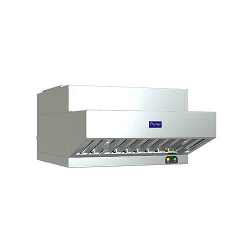 A stainless steel wall mounted exhaust hood with a light on it.