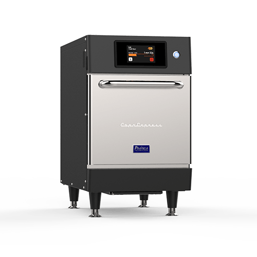 A stainless steel oven is sitting on a white surface.