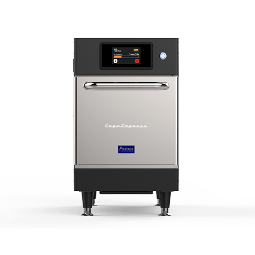 A stainless steel oven with a screen on top of it