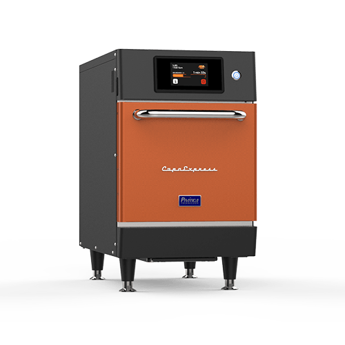 A small orange and black oven with a screen on top of it.