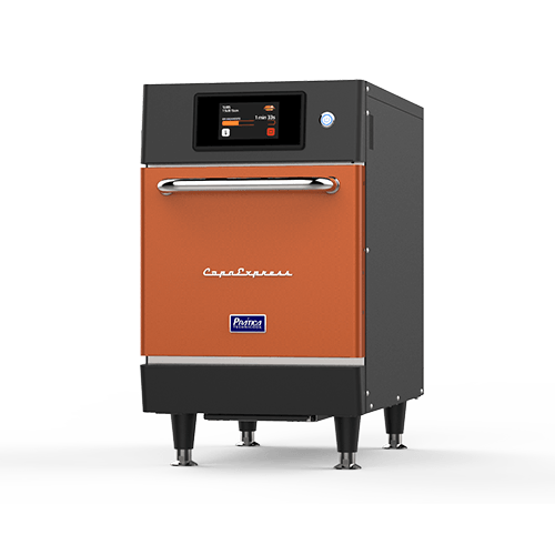 An orange and black oven is sitting on a white surface.