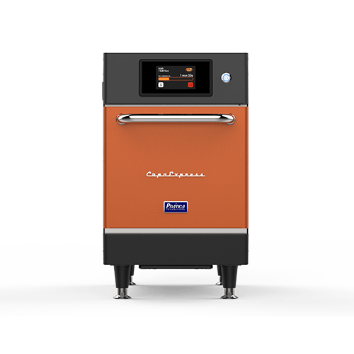 An orange and black oven is sitting on a white surface.