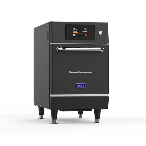 A black oven is sitting on a white surface.