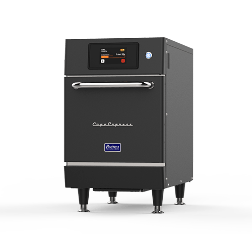 A black oven is sitting on a white surface.