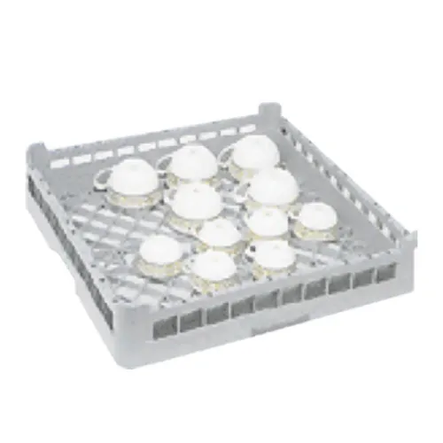 A dishwasher tray filled with white cups on a white background.