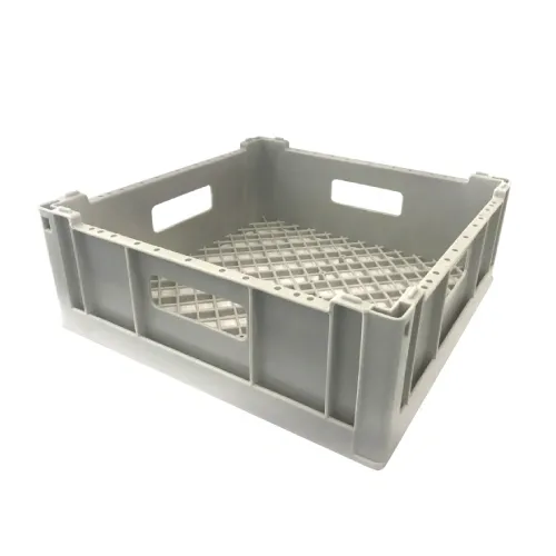 A gray plastic crate with holes in it on a white background