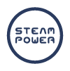 The logo for steam power is a circle with the words steam power written inside of it.