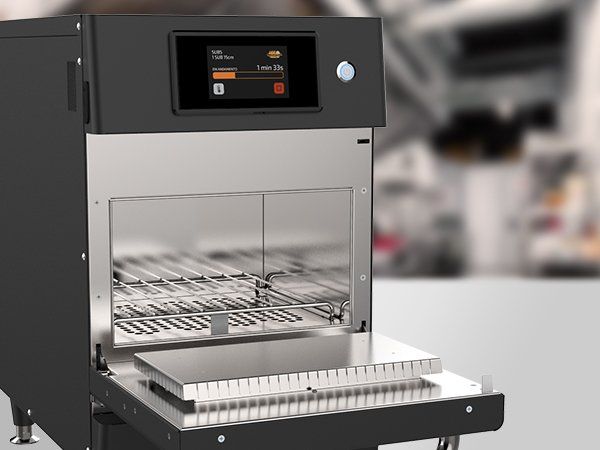 A black and stainless steel oven with the door open