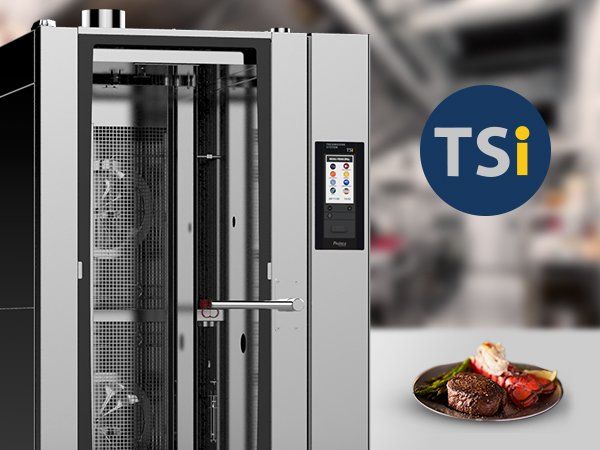 A steak is on a plate next to a tsi logo