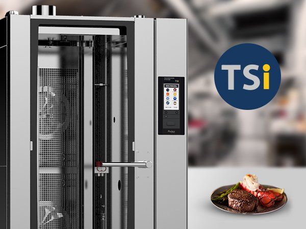 A steak is on a plate next to a tsi logo