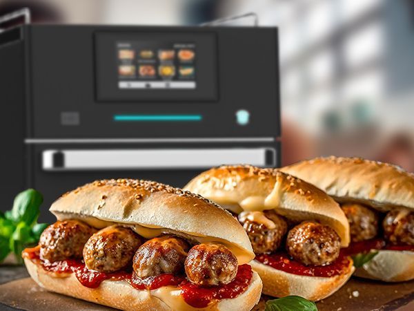 Two meatball subs are sitting on a wooden cutting board in front of a microwave.