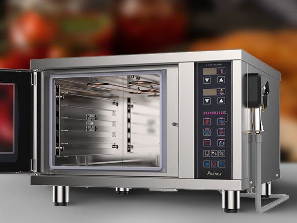 A stainless steel microwave oven with the door open