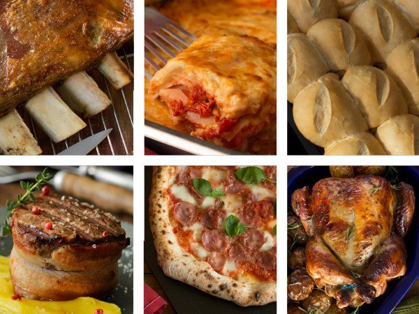 A collage of different types of food including pizza and bread