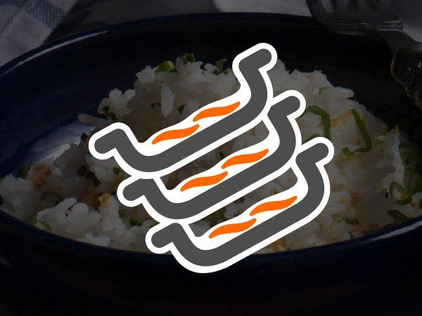 A close up of a bowl of rice with a mustache icon