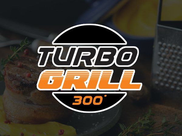 A turbo grill 300 logo with a picture of food in the background