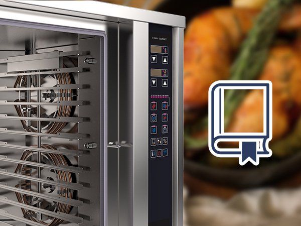 A stainless steel oven with a book icon next to it.
