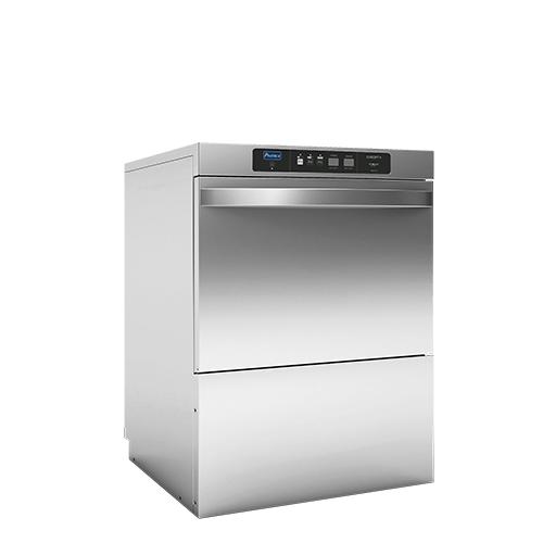 A stainless steel dishwasher is sitting on a white surface.