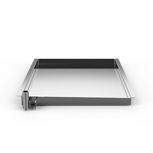 A stainless steel tray with a metal handle on a white background.