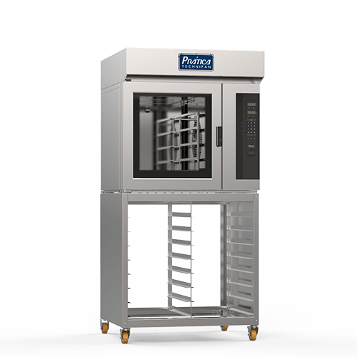 A stainless steel oven with a rack attached to it on a white background.