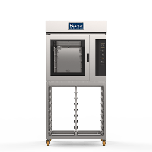 A stainless steel oven is sitting on top of a cart on a white background.