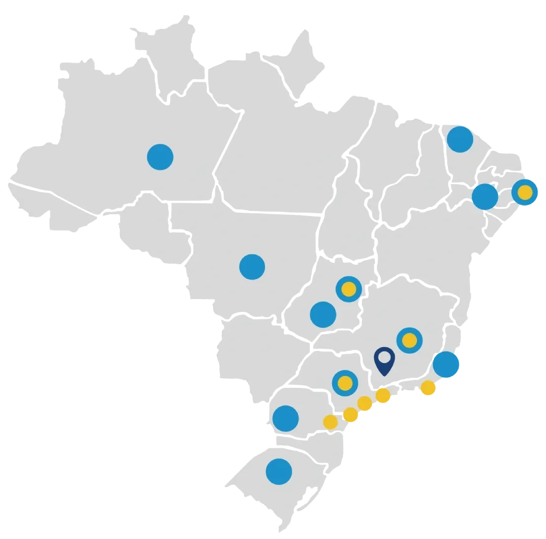 A map of brazil with blue and yellow circles on it